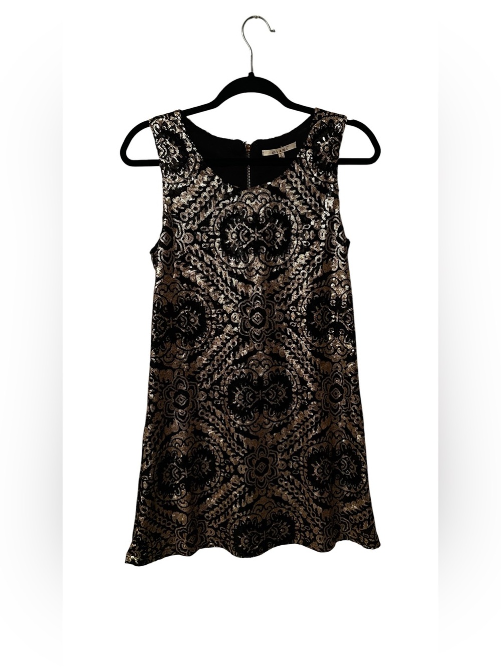 Miami Black Gold Sequin Embellished Baroque Style Pattern Shift Mini Dress Large